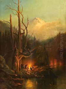 Encampment At The Base Of A Snow-covered Mountain, Thought To Be Mount Shasta