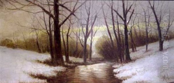 Winter Landscape With Central Stream Under Sun-streaked Sky - view 1