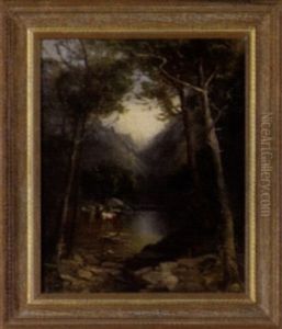 Sunlit River Landscape With A Figure Reclining On The Shoreline And A Herd Of Cattle In The Water by Andrew Melrose