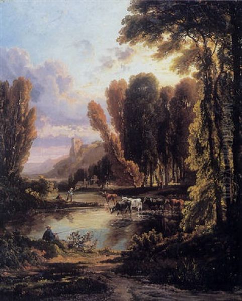 Cattle And Fisherman Near A Riverside Village - view 1