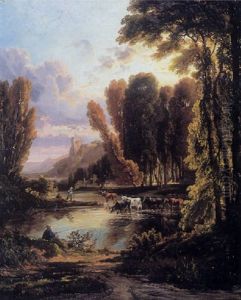 Cattle And Fisherman Near A Riverside Village