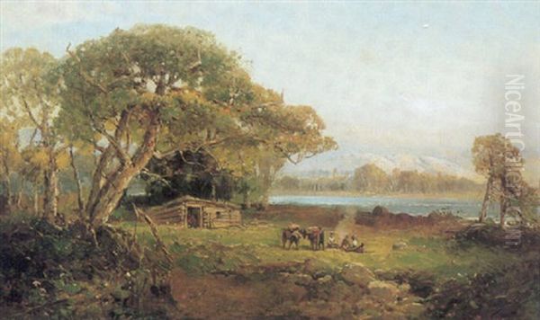 Figures And Cabin Near A Waterway - view 1