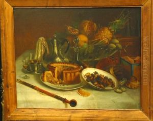 A Still Life With Nuts, A Meat Pie, A Coffee Pot And Fruit On A Table