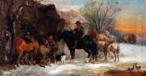 Winter Landscape With Figures, Horses And Dog Before A Stable Winter Landscape With Figures, Horses And Dog Before A Stable