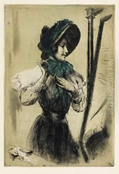 Jeune Femme Nouant Le Ruban De Son Chapeau. - view 1