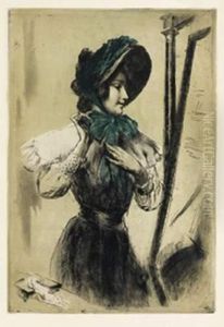 Jeune Femme Nouant Le Ruban De Son Chapeau. by Armand Berton