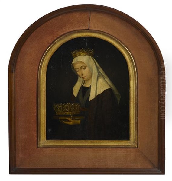 A Portrait Of A Queen In Mourning Holding A Crown Arched Top - view 1