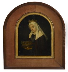 A Portrait Of A Queen In Mourning Holding A Crown Arched Top