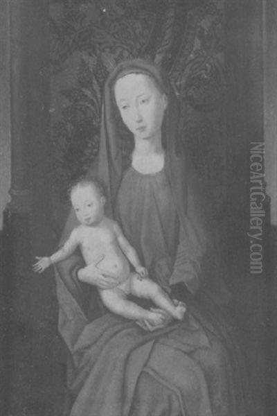 Thronende Madonna Mit Christuskind Vor Einer Mit Stoff Bezogenen Balustrade - view 1