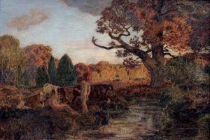 Paysage Symboliste: Deux Ephebes Et Troupeau Pres De La Mare by Emile Rene Menard