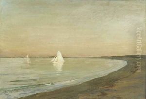 Sailing Boats In A Bay, At Sunset by Emile Rene Menard