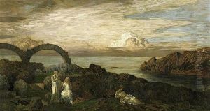 Trois Graces Dans Un Paysage Avec Ruines Antiques by Emile Rene Menard