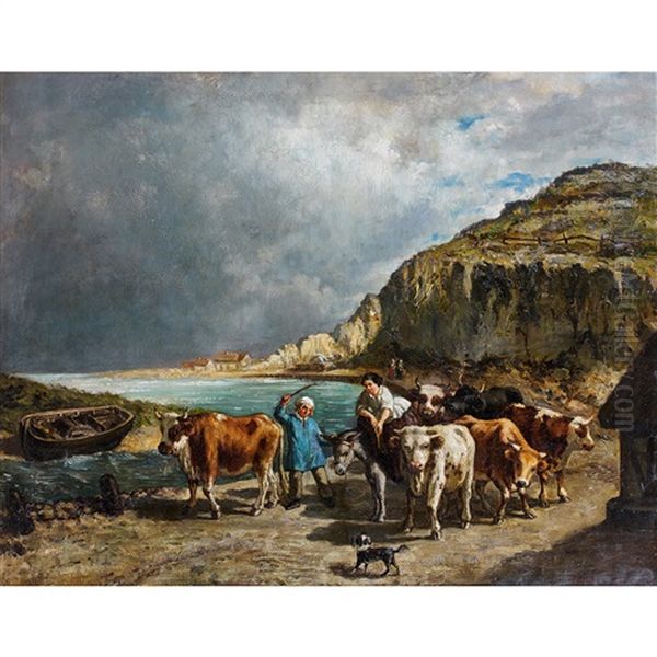 Gardienne De Bufs Et Son Troupeau En Bord De Mer - view 1