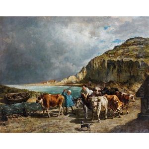 Gardienne De Bufs Et Son Troupeau En Bord De Mer by Rene-Joseph Menard