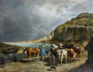Gardienne De Boeufs Et Son Troupeau En Bord De Mer by Rene-Joseph Menard