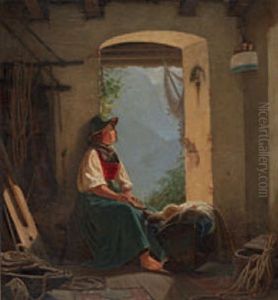 Junge Frau In Tracht, Ihr Kind In Der Wiege Betrachtend by Carl Adolf Mende