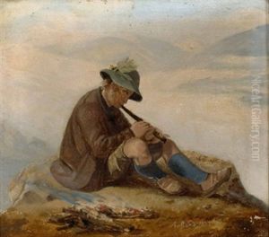 Flote Spielender Bub Am Berggipfel by Carl Adolf Mende