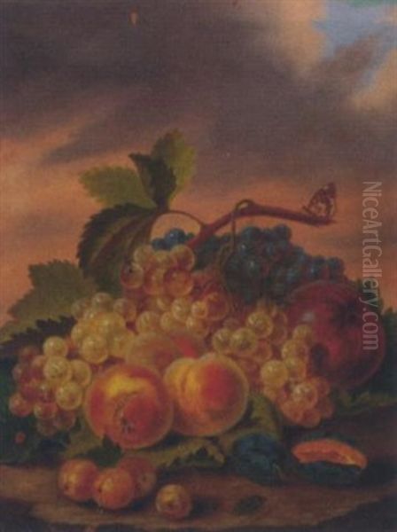 Bunches Of Grapes, Peaches, Plums, Gooseberries And Insects On A Mossy Bank - view 1