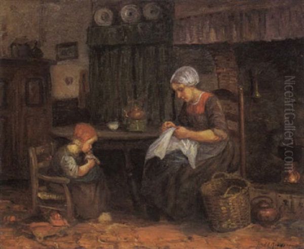 A Mother Sewing And A Child Playing With Her Doll - view 1