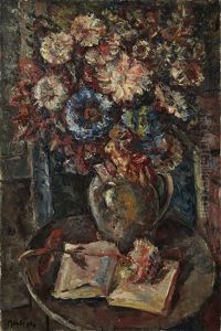 Bouquet De Fleurs Et Livre by Maurice Mendjisky