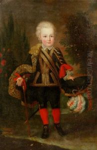 Portrait Of A Young Boy Wearing A Gold Embroidered Black Costume With Lace Chemise And Cape