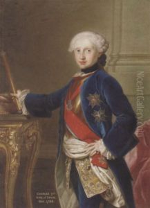 Portrait Of King Charles Iii Of Spain In A Blue Velvet Coat, With The Order Of The Golden Fleece, Standing By A Table And Holding A Baton In His Right Hand