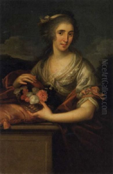 A Portrait Of A Lady Holding A Basket Of Flowers - view 1