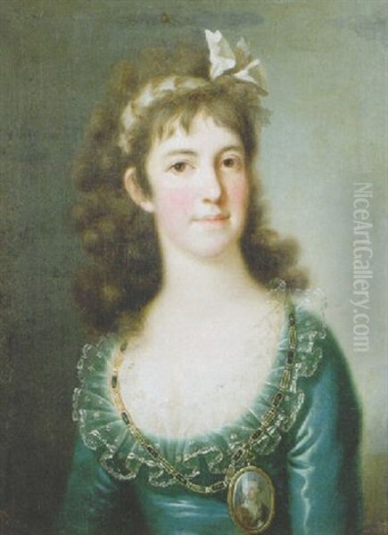 Portrait Of A Noblewoman, Wearing A Blue Dress With Lace Collar, A Ribbon In Her Hair - view 1