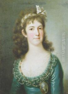 Portrait Of A Noblewoman, Wearing A Blue Dress With Lace Collar, A Ribbon In Her Hair