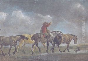 Reiter Mit Jagdhorn, Einen Pferdezug Antreibend by Gottfried Menken