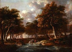 View Of Woods In Northern Germany With A Man Watering His Horse by Johann Heinrich Menken