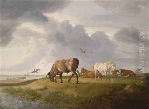 Kuhe Und Pferde An Der Kuste Grasend - view 1