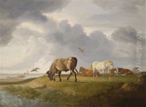 Kuhe Und Pferde An Der Kuste Grasend by Johann Heinrich Menken