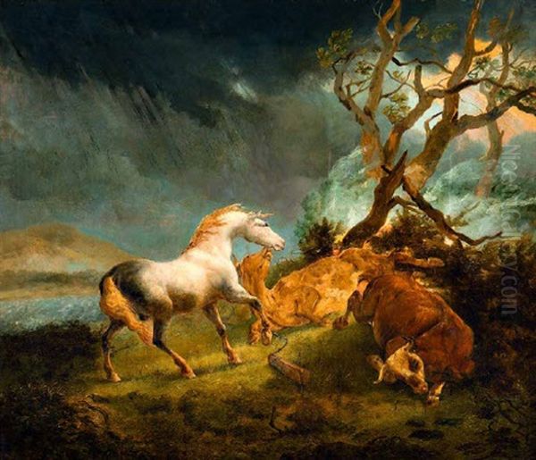 Pferd Und Zwei Rinder Im Gewittersturm - view 1