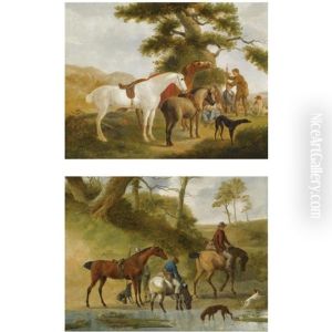 Huntsmen Resting Near A Tree With Their Hounds And Horses (+ Huntsmen With Their Horses Halting At A Stream, Accompanied By Their Hounds; Pair) by Johann Heinrich Menken