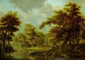 Bewaldete Flusslandschaft Mit Hirten Und Stakendem Kahfahrer