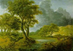 Flusslandschaft Mit Rastender Hirtin Vor Dem Gewitter