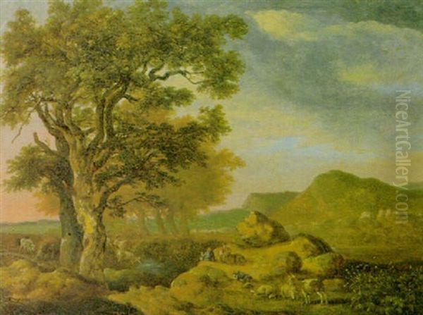 Felsige Bachlandschaft Mit Rastenden Ziegenhirten - view 1
