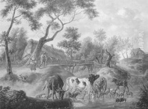 Hirten Mit Kuhen Und Ziegen An Der Tranke by Johann Heinrich Menken