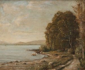Baumbestandene Seelandschaft Mit Hirtin Und Kuhen