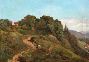 Hugelige, Baumbestandene Landschaft Mit Saumpfad by Barthelemy Menn