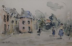 Personnages Devant Une Maison Aquarelle by Abel Bertram
