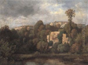 Baumlandschaft, Hinten Felswande Baumlandschaft, Hinten Felswande