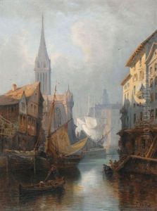 Stimmungsvolle Stadtansicht Mit Segelbooten Auf Einem Kanal Stimmungsvolle Stadtansicht Mit Segelbooten Auf Einem Kanal