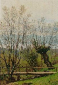 Landschaft Mit Weidenund Holzbrucke Landschaft Mit Weidenund Holzbrucke