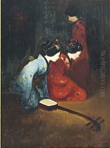 Japanese Musicians In An Interior With A Shamisen - view 1