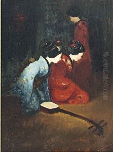 Japanese Musicians In An Interior With A Shamisen by Mortimer Luddington Menpes