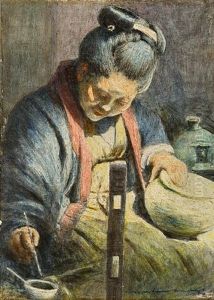 A Japanese Woman Decorating A Pot by Mortimer Luddington Menpes