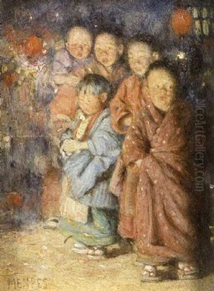 Japanese Children By Firelight - view 1