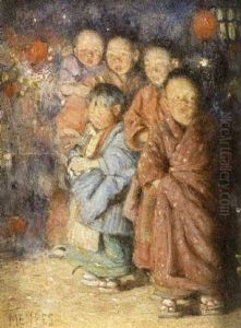 Japanese Children By Firelight